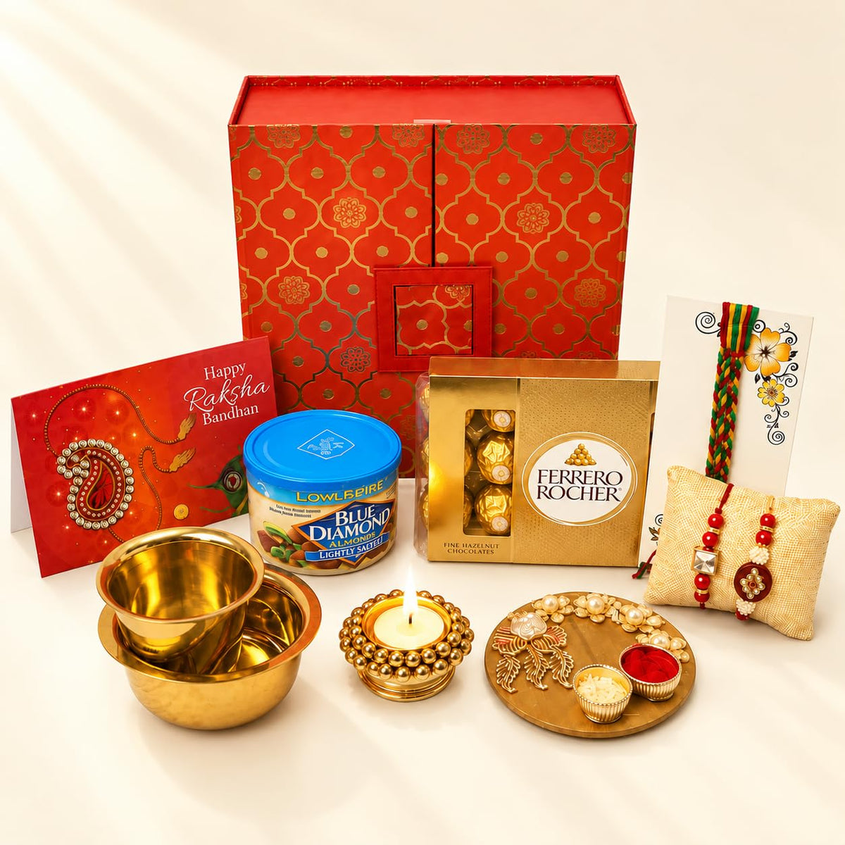 LoveNspire Raksha Bandhan Gift Hamper Set for Brother & Bhabhi - 5 Traditional Rakhi Set with Greeting Card, Chocolates, Scented Candle, Haldi Kumkum