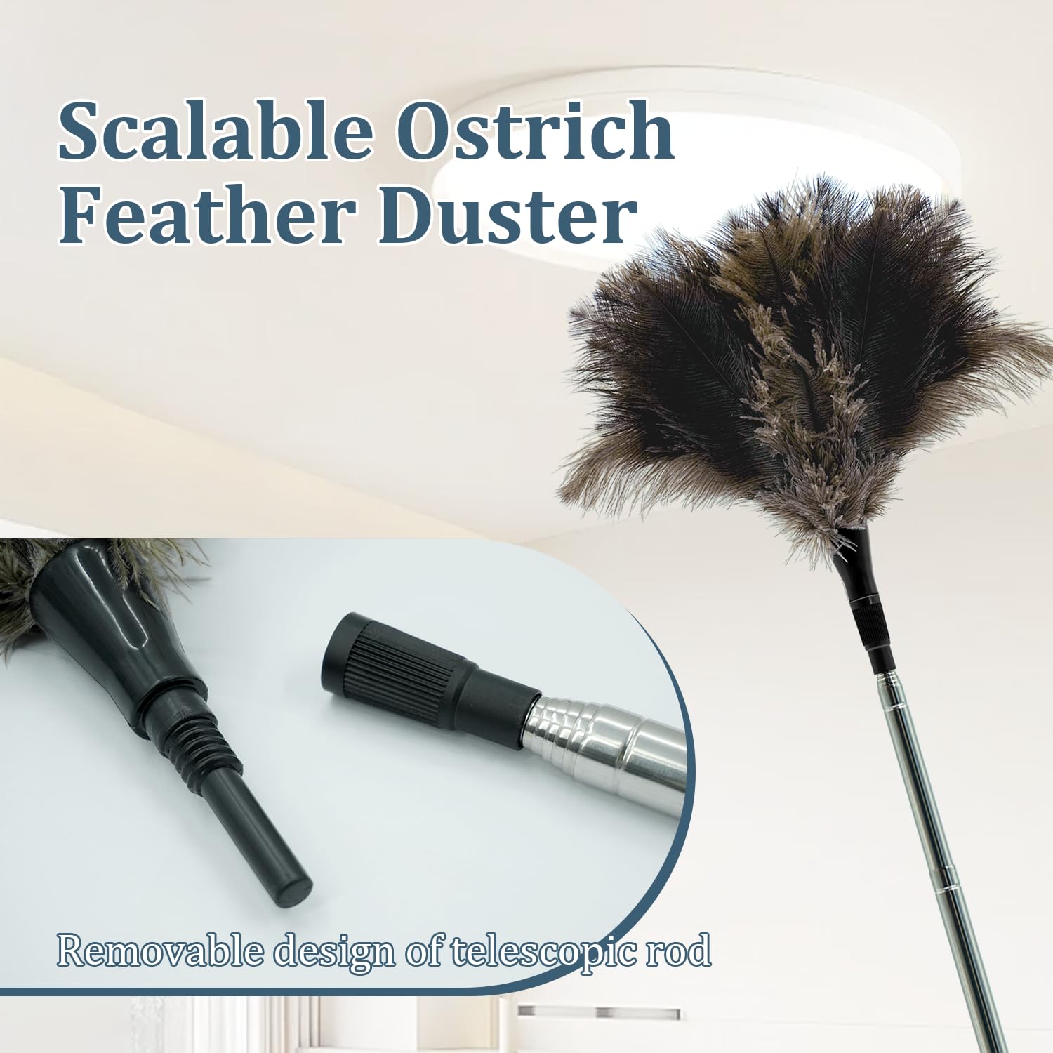 Extendable Feather Duster - 47 inches Soft Long Handle Reusable Feather Duster for Cleaning Ceiling Fan,Hanging lamp, High Ceiling, Blinds