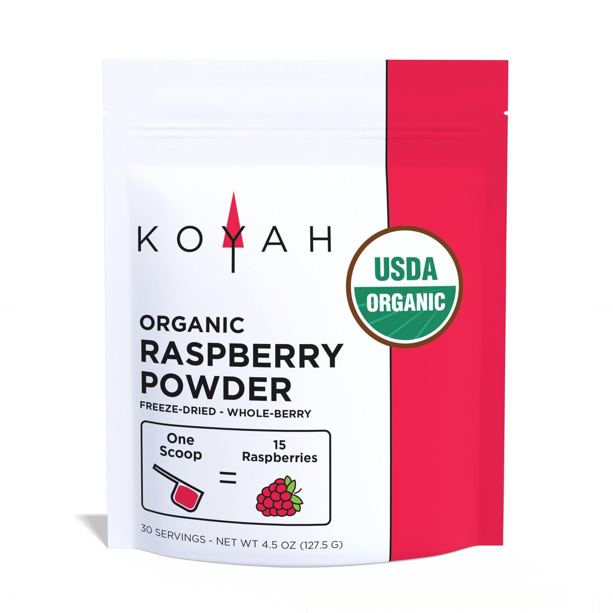 KOYAH - Organic Raspberry Powder 30 Servings (1 Scoop = 15 Raspberries), Freeze-Dried, Whole-Berry Powder, Equivalent to 450 Raspberries