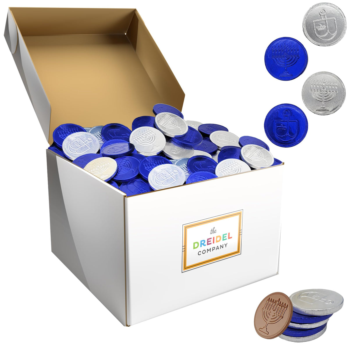 The Dreidel Company Milk Chocolate Coins,1820 Menorah and Dreidel Design Hanukkah Gelt, Blue And Silver Coins, Made with Premium Belgian Chocolate