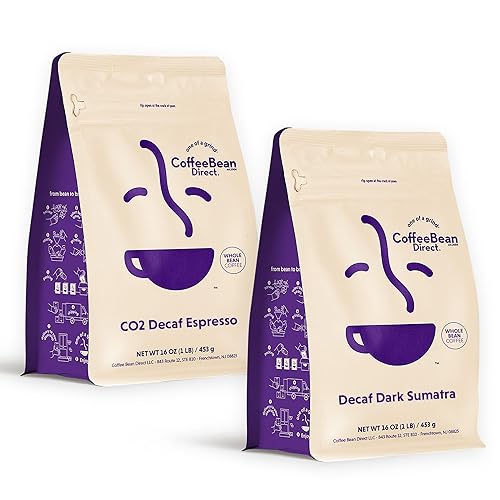 Coffee Bean Direct Bold Decaf Coffee Variety Bundle - Espresso & Sumatra, Whole Bean, Dark Roast, 1 Pound Bags (Pack of 2)