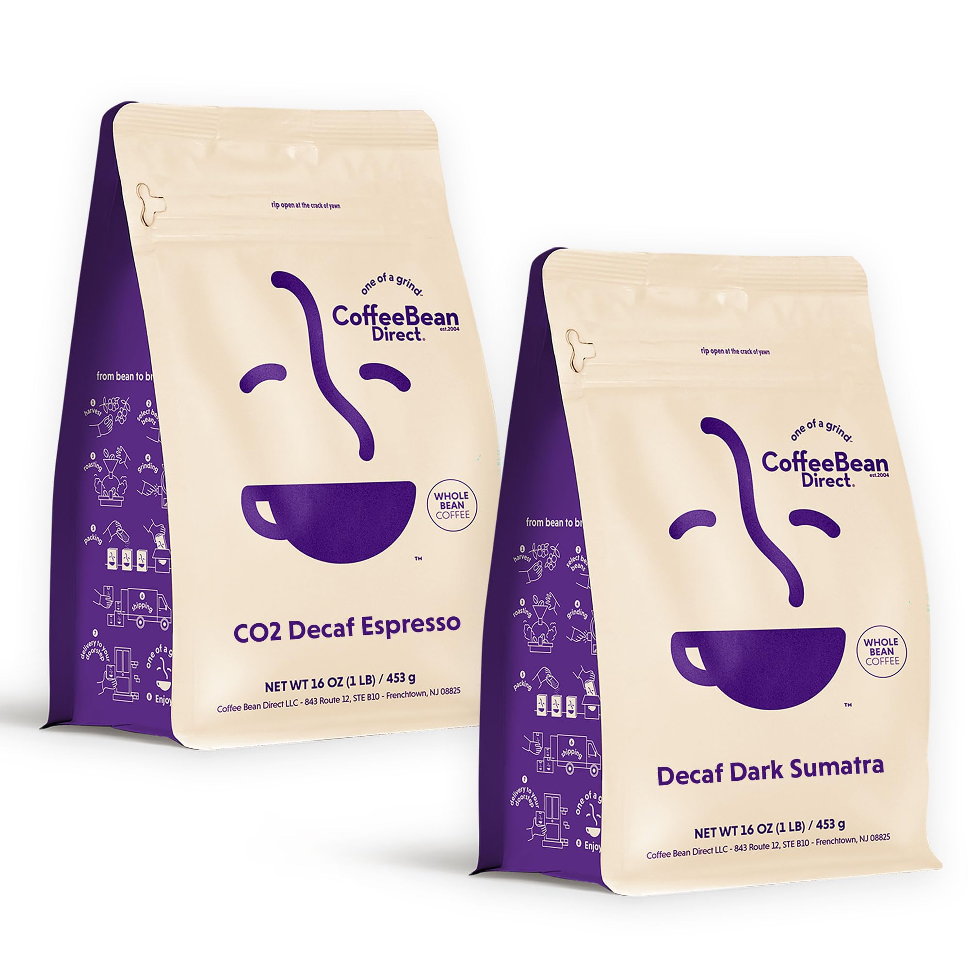 Coffee Bean Direct Bold Decaf Coffee Variety Bundle - Espresso & Sumatra, Whole Bean, Dark Roast, 1 Pound Bags (Pack of 2)