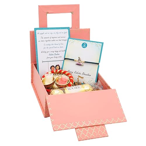 UtsaWe Rakhi Gift Box | Devine Rakhi Hamper with Elegant Krishna Rakhi Bracelet, Roli, Chawal, Mini Thali Set, A Chocolate, And A Greeting Card