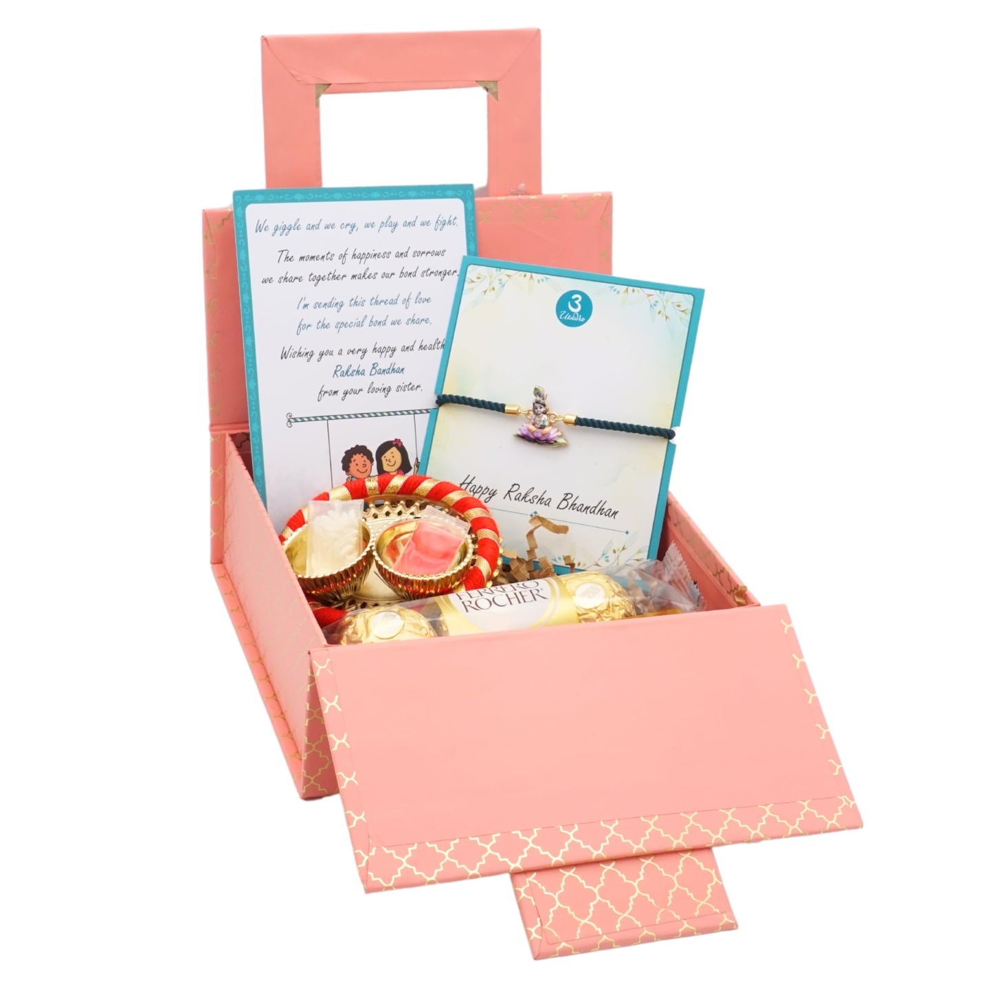 UtsaWe Rakhi Gift Box | Devine Rakhi Hamper with Elegant Krishna Rakhi Bracelet, Roli, Chawal, Mini Thali Set, A Chocolate, And A Greeting Card