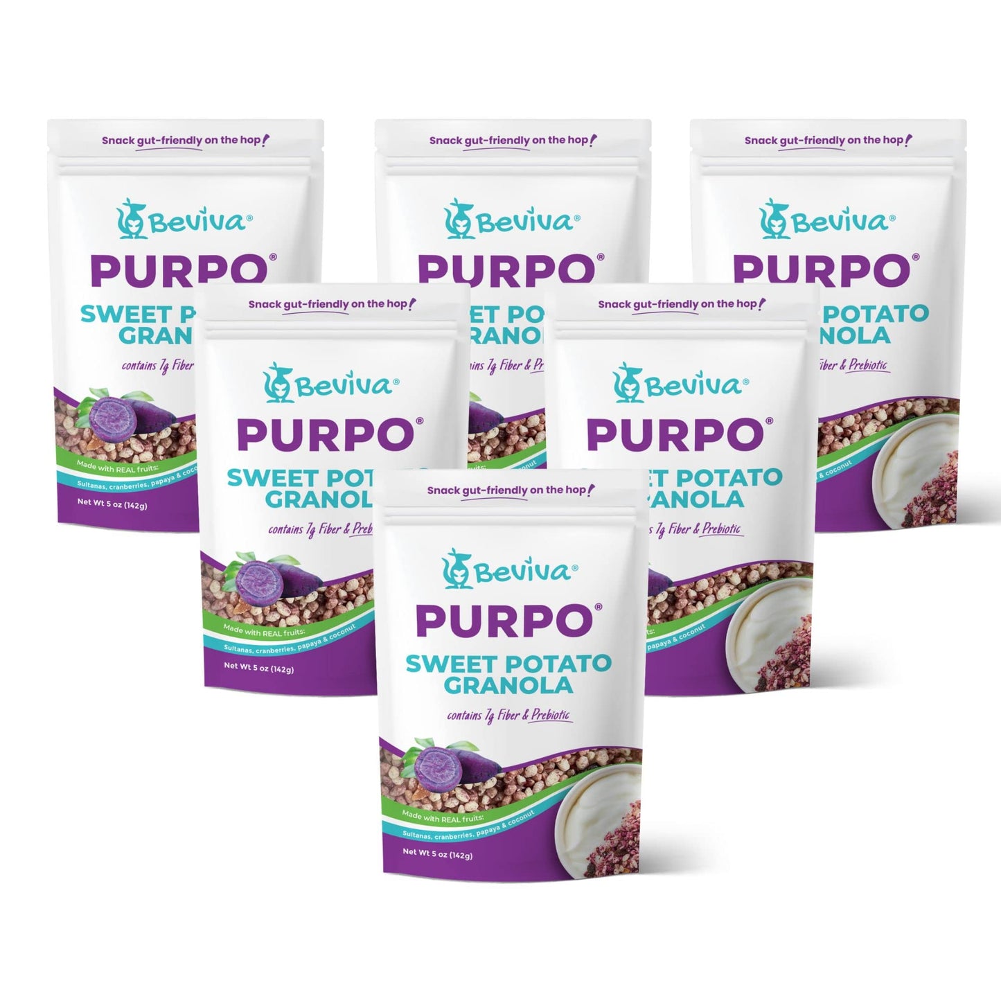 Beviva's PURPO Granola: Vegan, gluten-free, prebiotic inulin, purple sweet potato, fruit, high fibre and low sugar, healthy snacks, ice cream/yogurt
