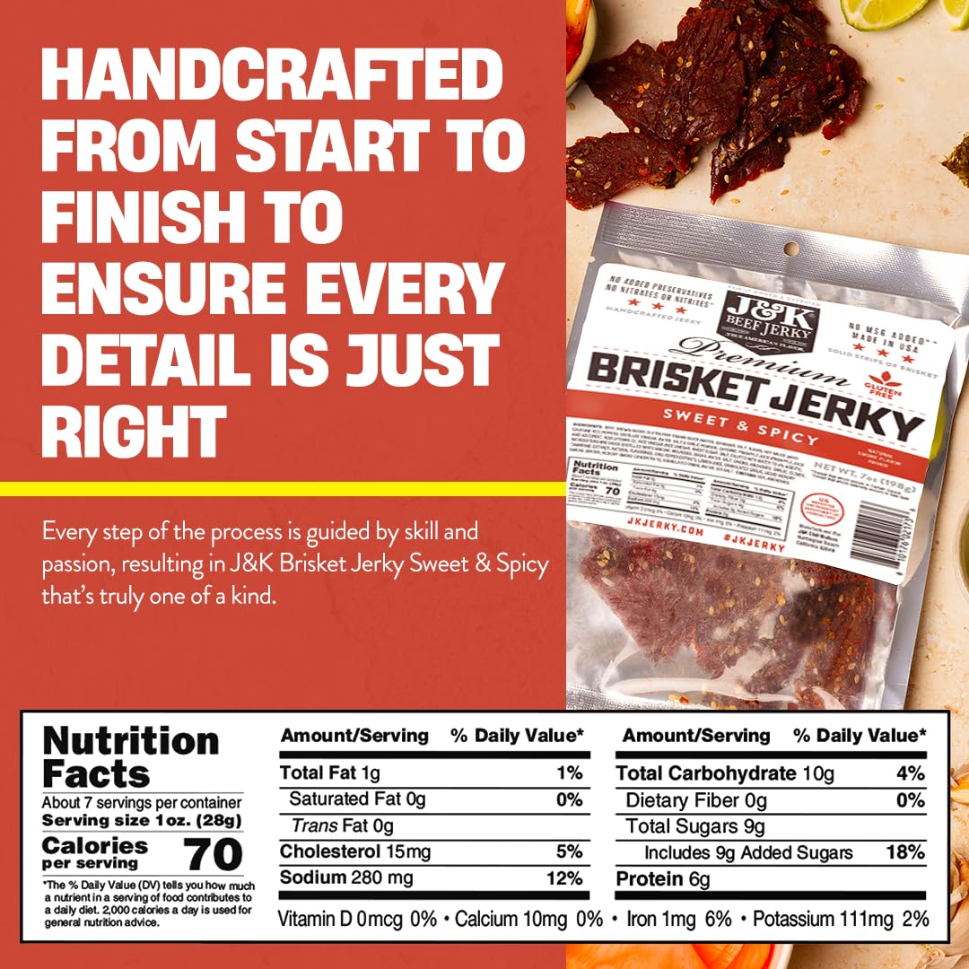 J&K Jerky Sweet & Spicy Brisket, Hand Crafted Small Batch American Made Slab Jerky - Soft & Tender - 7oz Big Bag of Jerky's