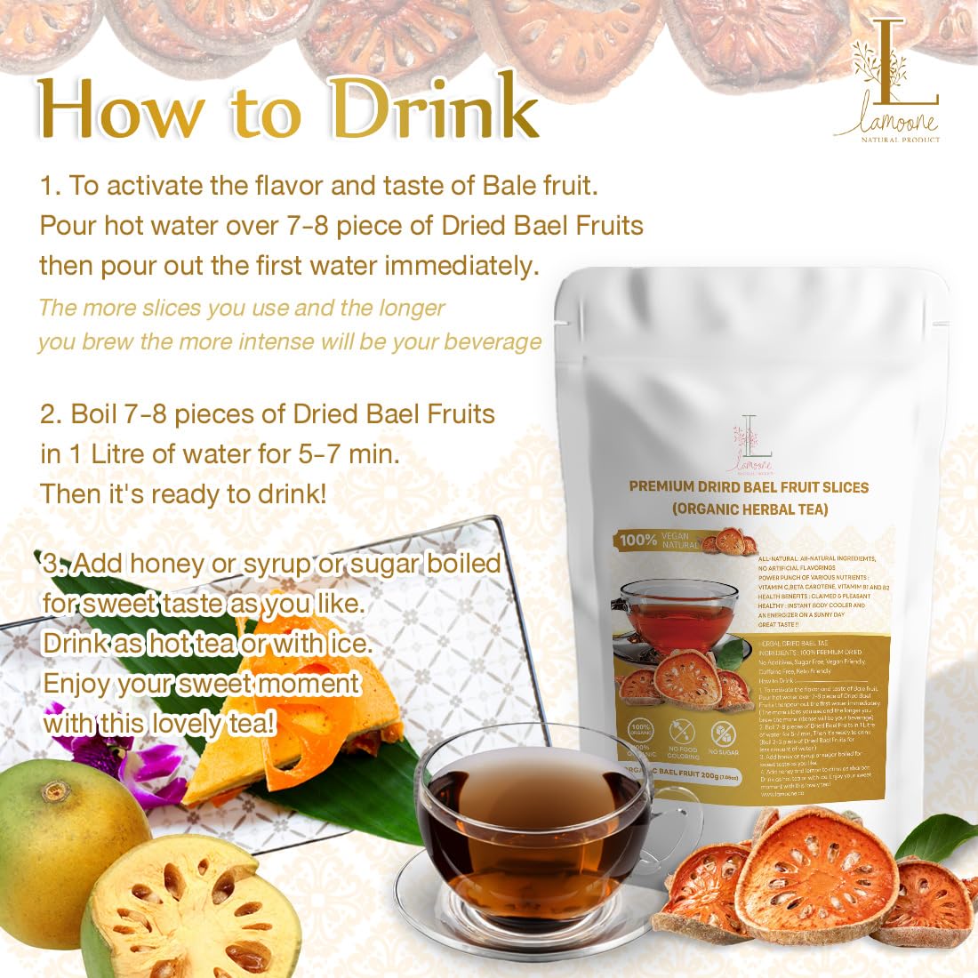 Premium Dried Bael Fruit Slices, Organic Herbal Fruit Tea, Thai Tea, Matoom, Asian wellness dry Bael Fruit, Fruit tea organic (200g) 7.05OZ