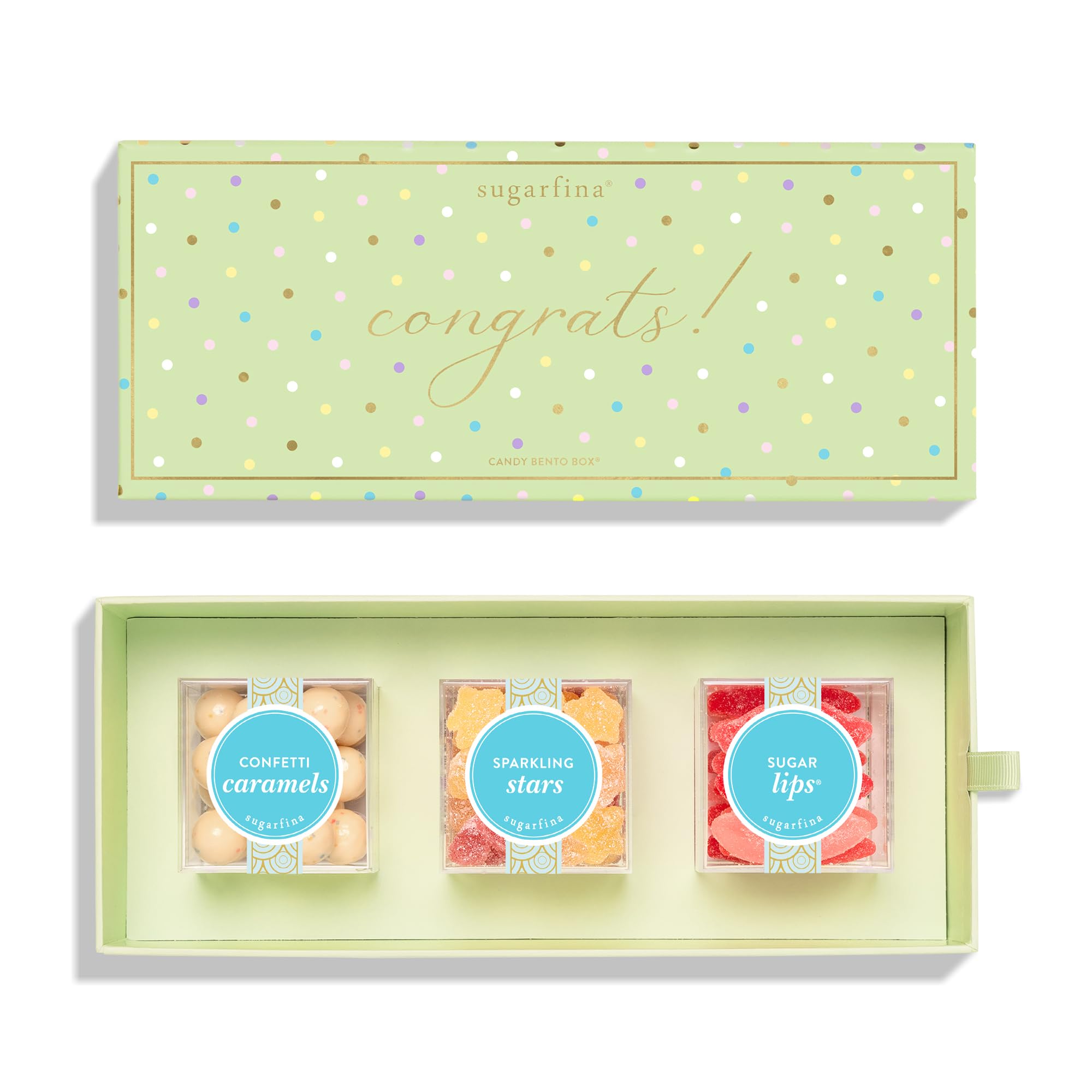 Sugarfina Congrats 3 Piece Candy Bento Box | Confetti Caramels, Sparkling Stars, Sugar Lips