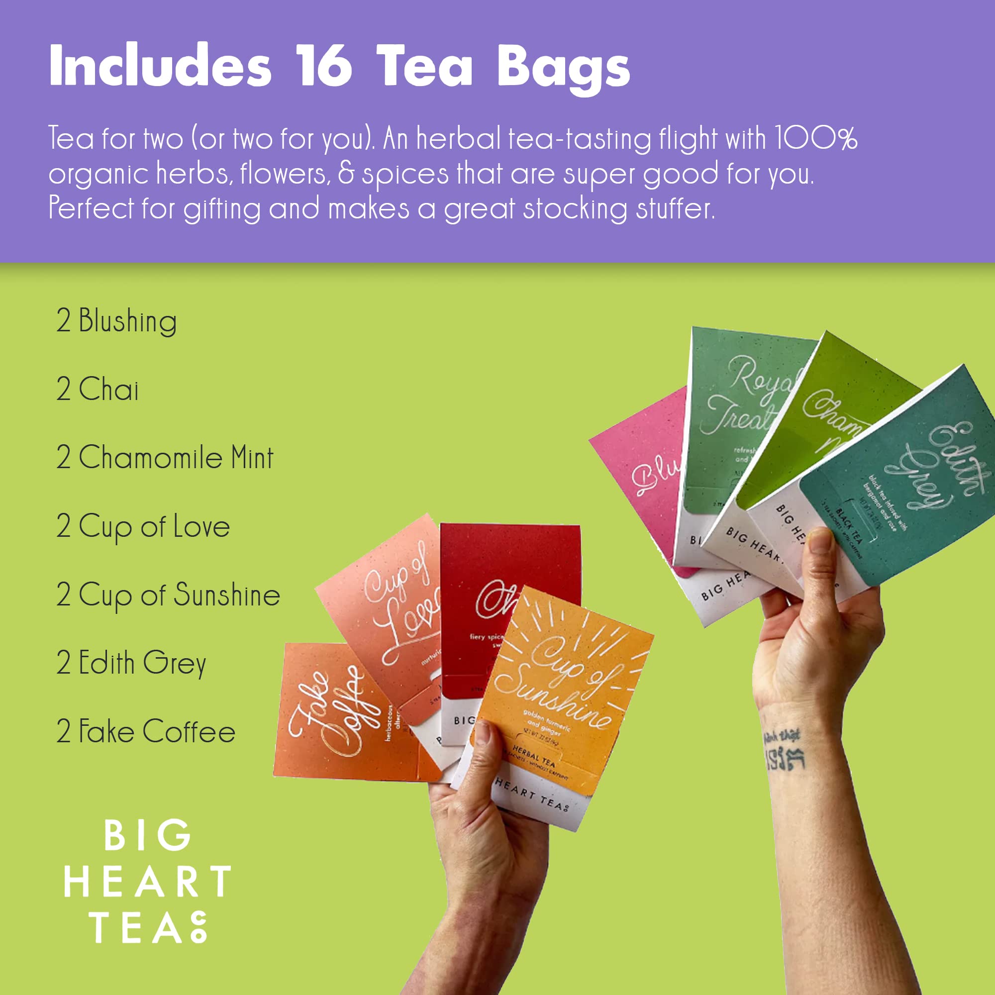 Big Heart Tea Co. Tea Bags Sampler Set - Certified Organic, Ayurvedic Herbal Tea - Small Batch Ground Herbs, Florals, Spices in Zero Plastic Sachets