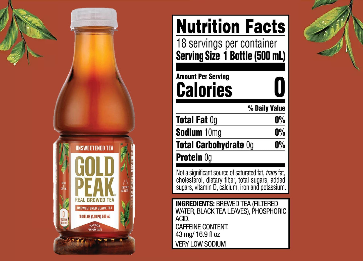 Gold Peak Unsweet Tea 16.9oz, 15 Pack Bottles, Black Tea