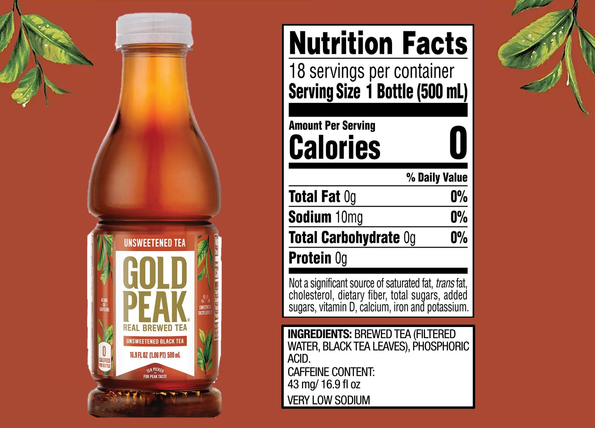 Gold Peak Unsweet Tea 16.9oz, 15 Pack Bottles, Black Tea