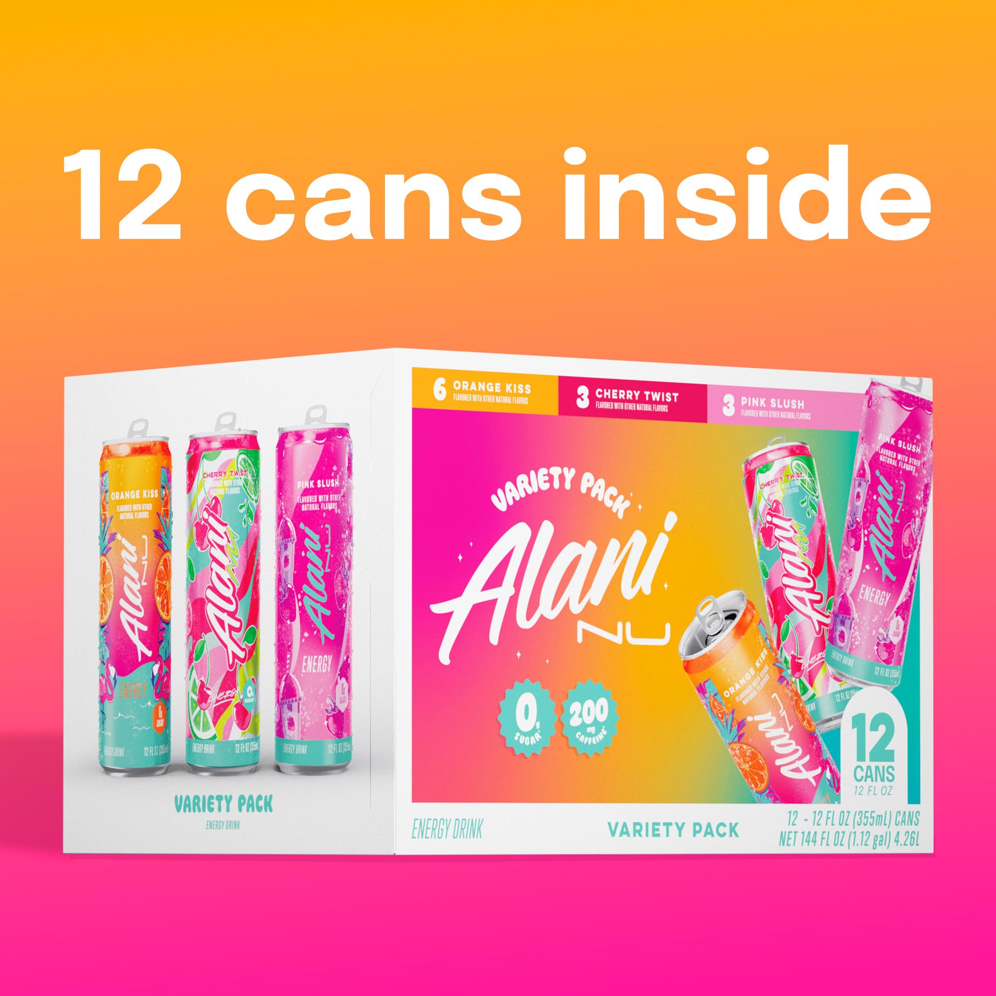 Alani Nu VARIETY PACK CHERRY TWIST, PINK SLUSH, ORANGE KISS Sugar Free, Low Calorie Energy Drinks, 200mg Caffeine, Biotin B Vitamins, Zero Sugar, 10