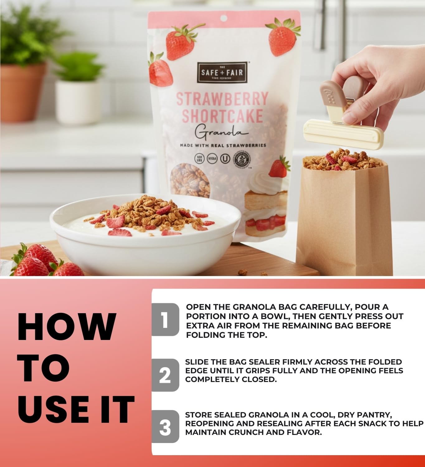 The Safe And Fair Food Company - Granola Strawberry Shortcake (12 OZ.) Bundle with Plastic Bag Clip for Snack Storage, Easy Resealing, and Organized