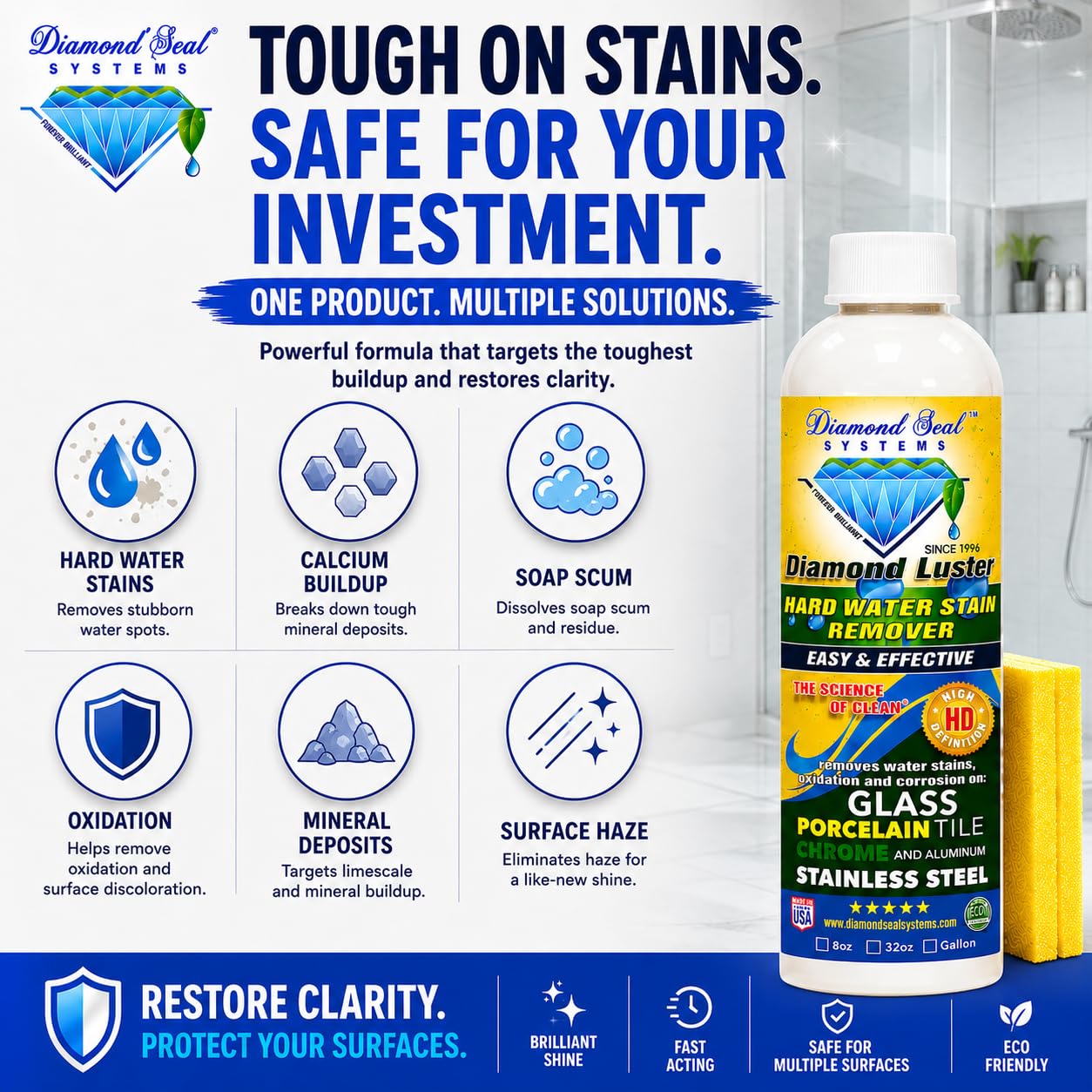 Diamond Luster Hard Water Stain Remover for Glass Shower Doors - Non Abrasive Shower Glass Cleaner for Hard Water Spots, Soap Scum & Calcium Buildup