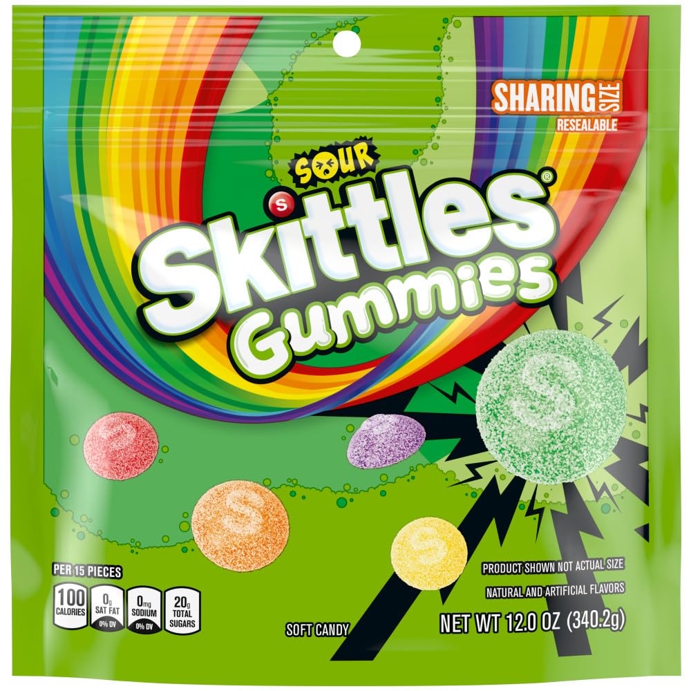 SKITTLES Sour Gummies Chewy Candy Assortment, 12oz, Sharing Size, Resealable Bag
