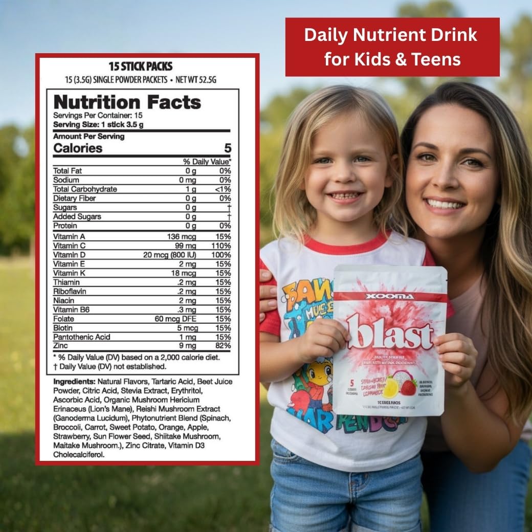Xooma Blast Sugar Free Drink Mix Sticks - Whole Food Phytonutrient Powder with Immune Supporting Vitamins and Functional Mushroom Blend - Low Calorie