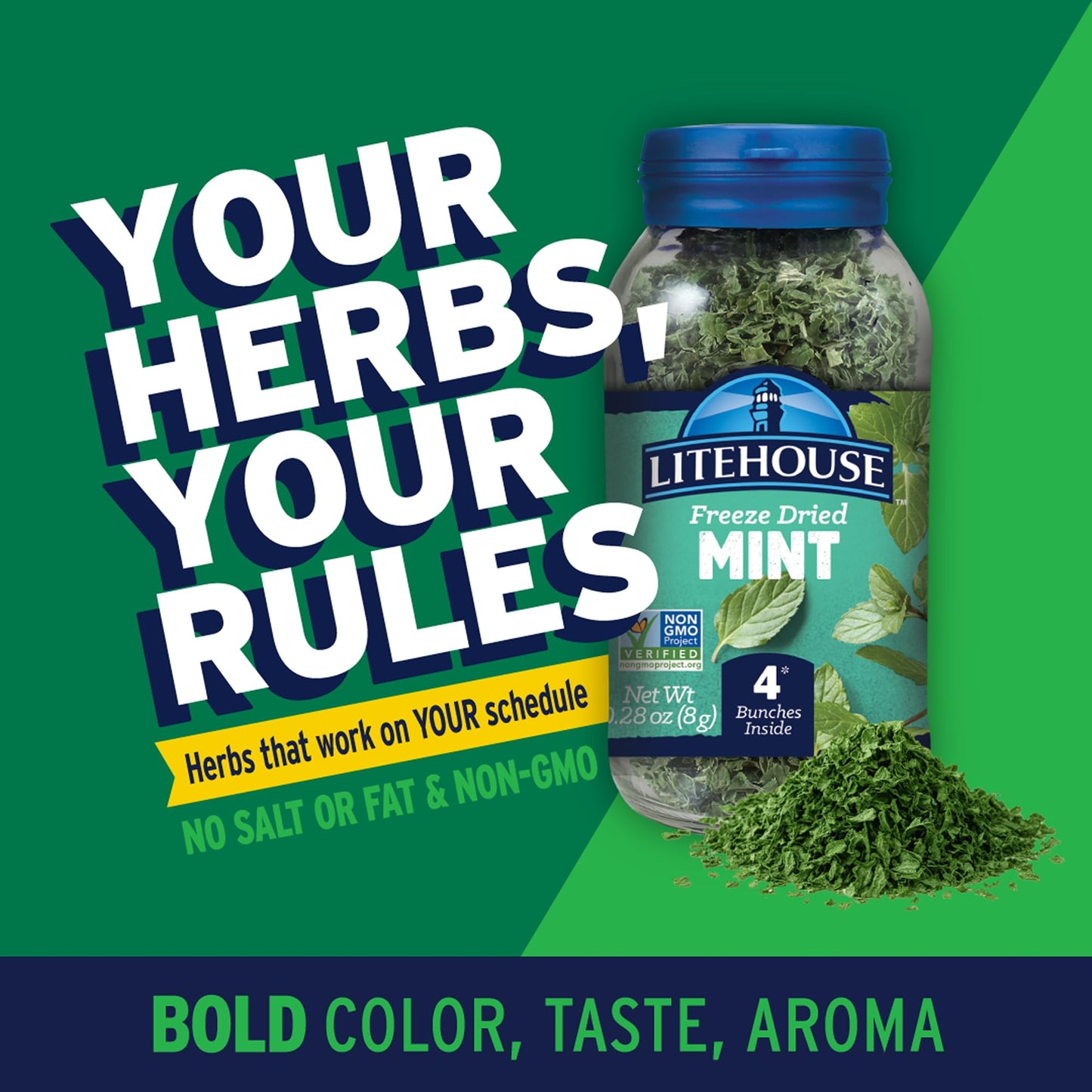 Litehouse Freeze Dried Mint - Substitute for Fresh Mint, Jar Equal to 4 Fresh Bunches, Dried Seasoning, Non-GMO, Gluten-Free - 0.28 Ounce