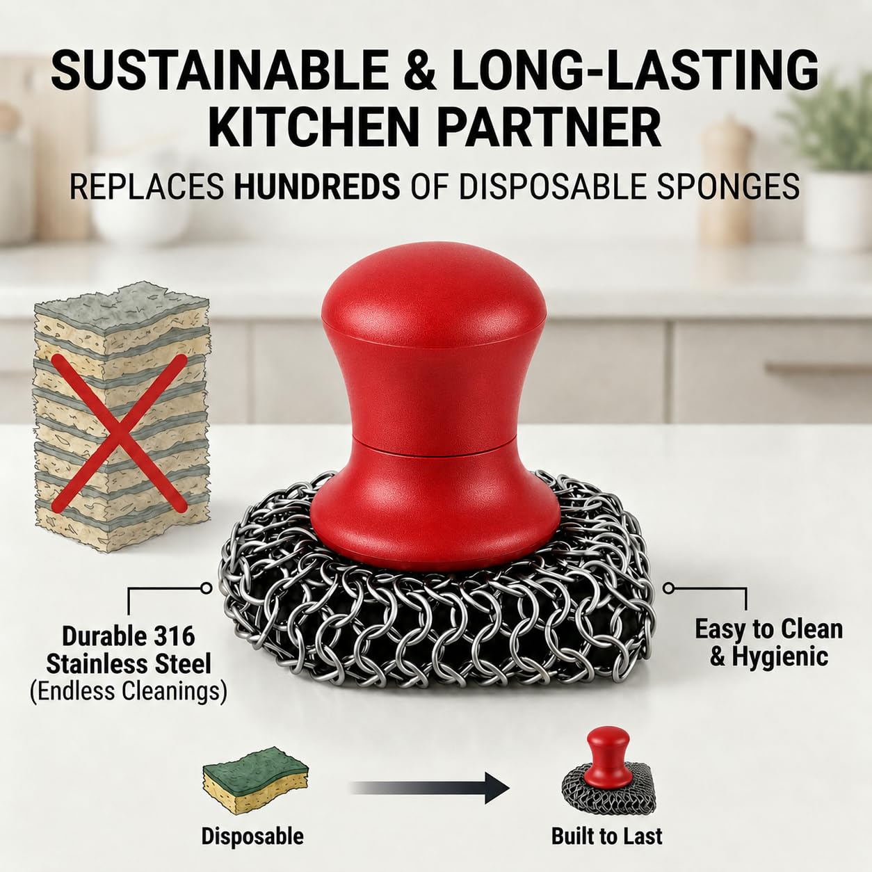 Cast Iron Scrubber and Scraper | 316 Chainmail Scrubber for Cast Iron Pan Skillet Cleaner | Chain Mail Scrubber for Dishes Pots Wok Griddle Grill |