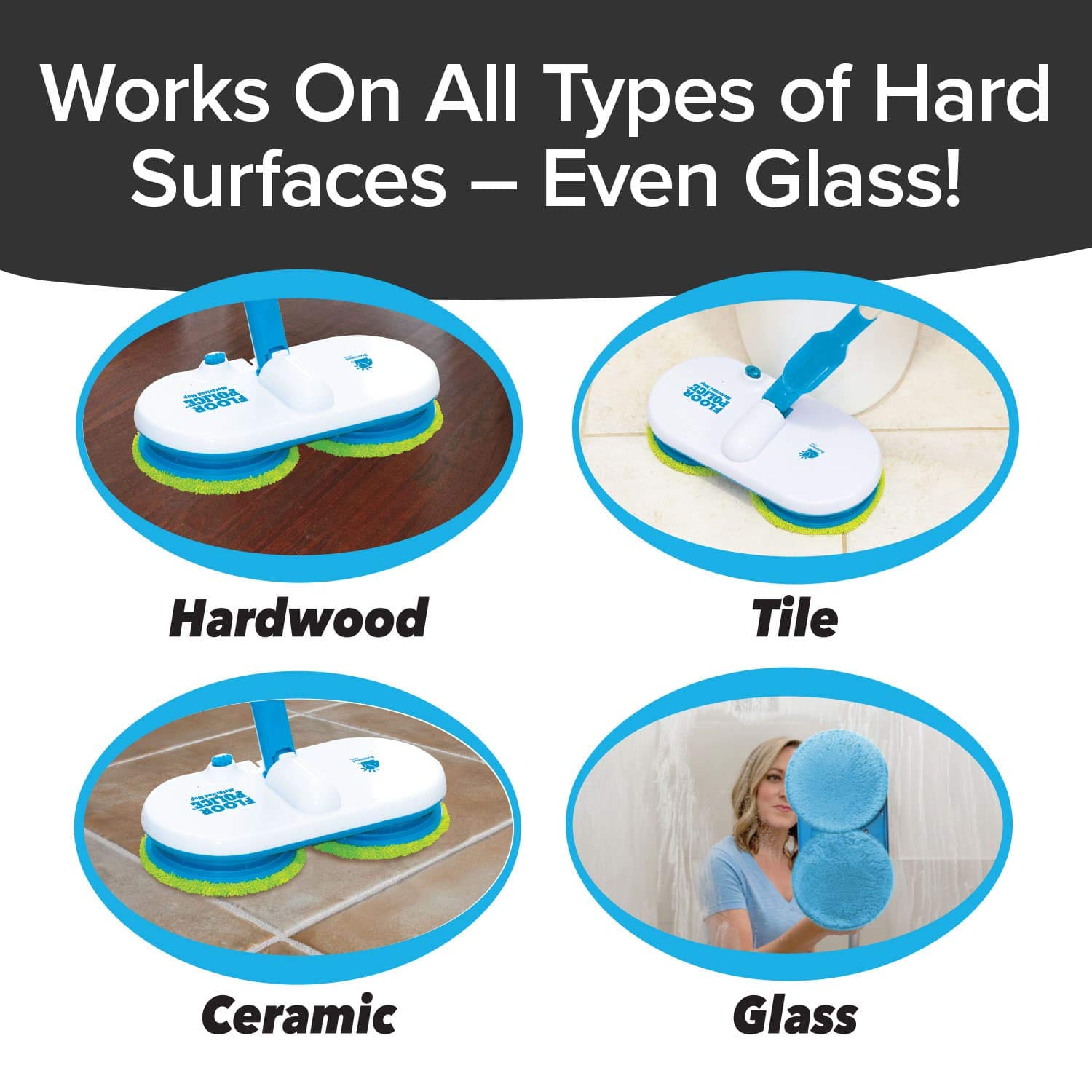 Original As Seen On TV Floor Police Mop with Motorized Dual Spinning Mopheads & 6 Unique Cleaning Pads by BulbHead, Lightweight, Rechargeable