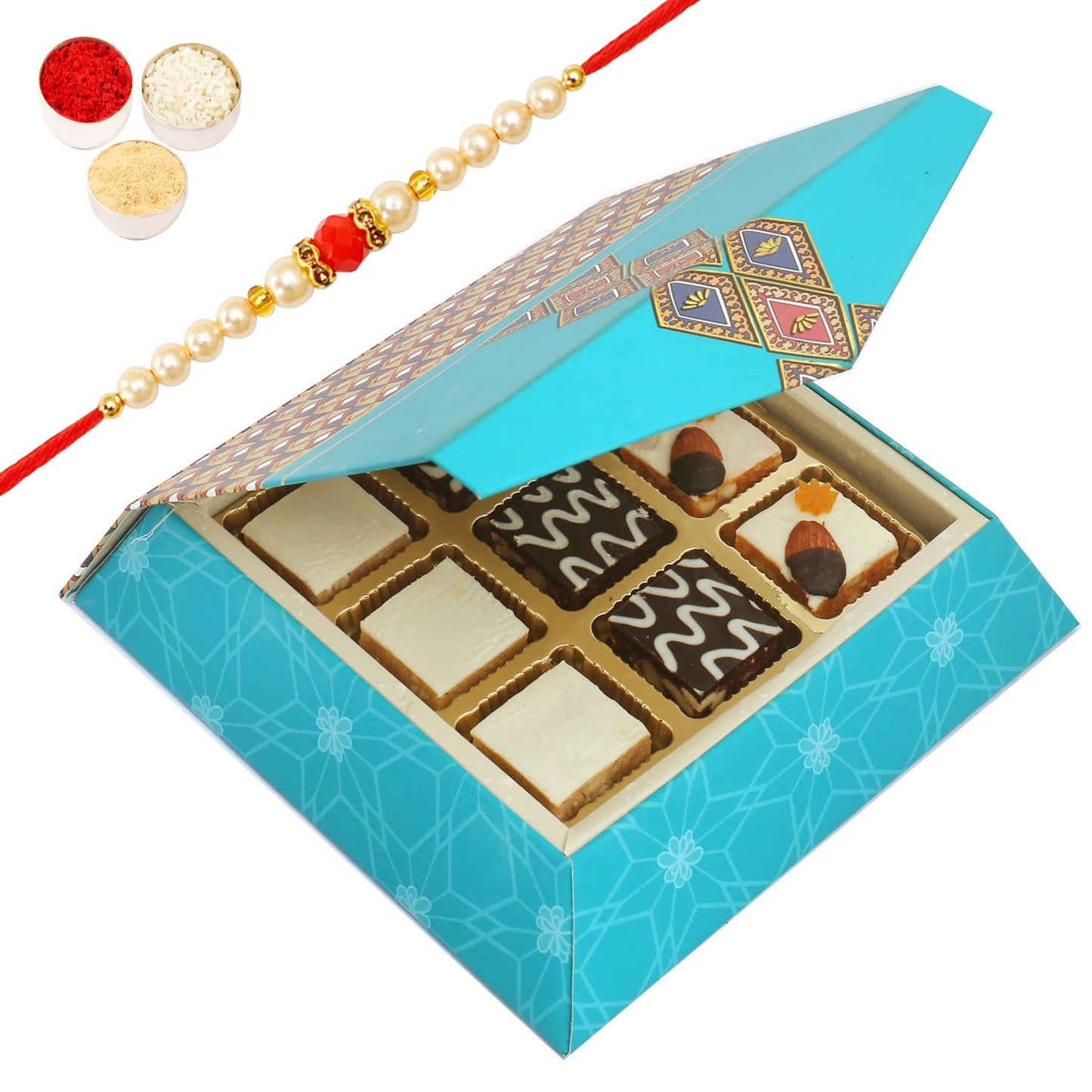 Ghasitaram Gifts Rakhi Gifts for Brothers Rakhi Sweets - 9 pcs Assorted Choco Dryfruit Bites SQ Box with Beads Rakhi