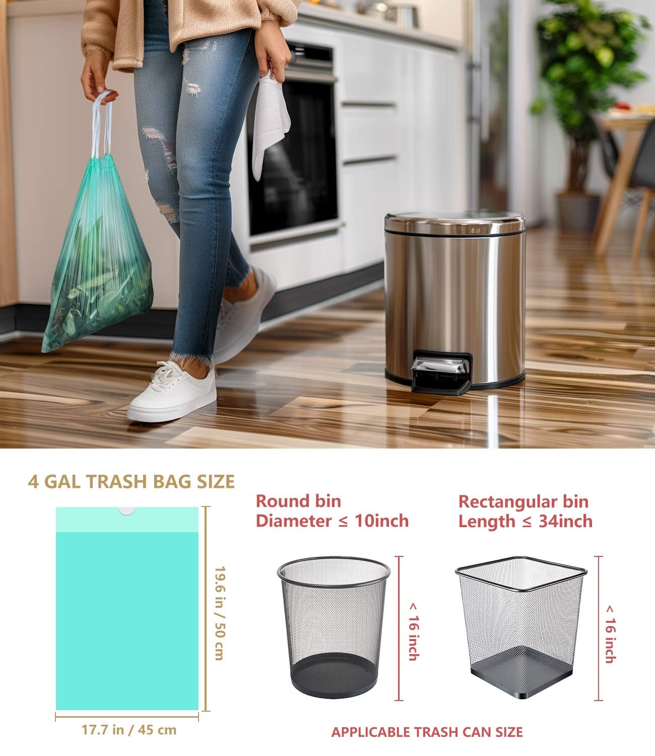 AYOTEE Compostable Trash Bags 4 Gallon Drawstring Trash Bags,100 Counts Ultra Strong Unscented Garbage Bag Small TrashBags Waste Basket Liners