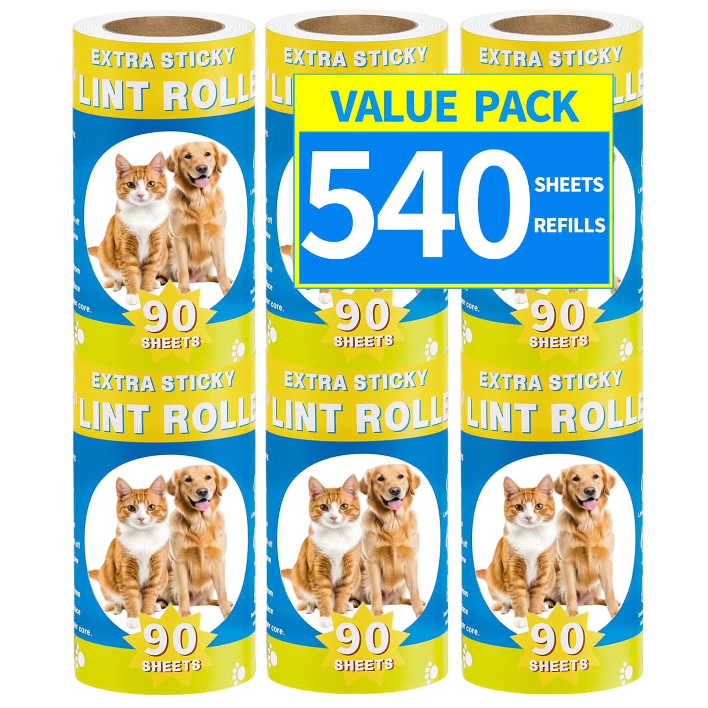 Lint Rollers Refills 540 Sheets Extra Sticky Lint Remover Replacement Refills for Clothes, Furniture, Carpet, Dog and Cat Hair Removal (540 Sheets
