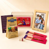 LOVENSPIRE Designer Rakhi Gift Hamper for Brother & Bhabhi - Adjustable Rakhi Bracelet with Customizable Photo Frame, Chocolates, Roli Chawal & Card
