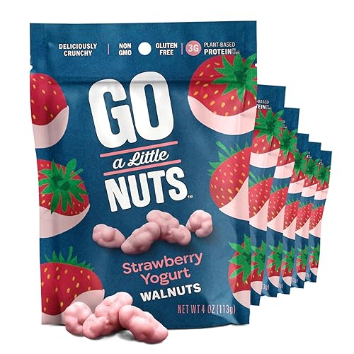 Go a Little Nuts Strawberry Yogurt Covered Walnuts, 4 oz Snack Pack (Pack of 6) Sweet & Crunchy Probiotic, Plant Protein, Non-GMO, Peanut Free