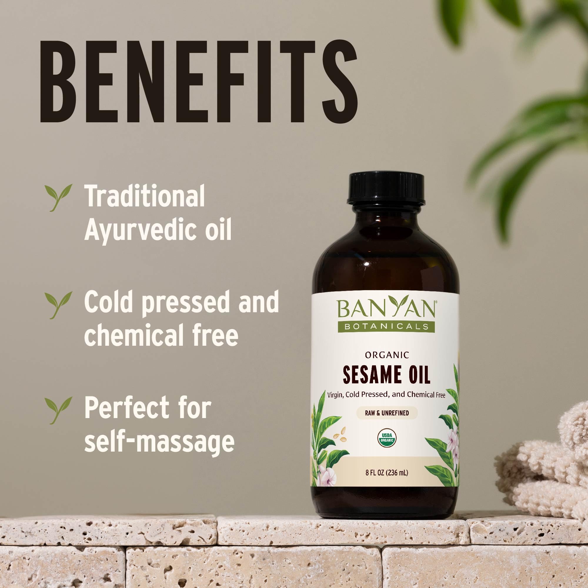 Banyan Botanicals Organic Unrefined Sesame Oil - Rich & Warming Ayurvedic Massage Oil for Body & Scalp - Traditional Abhyanga Oil for Deep Tissue