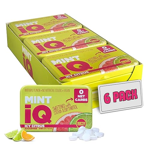 Big Sky MINT iQ Icy Citrus Mint Candy 40 grams Pack of 6 Tins in Display Tray - Travel Size Mint Candies Tin - Keto Friendly, Vegan & Natural Fruity