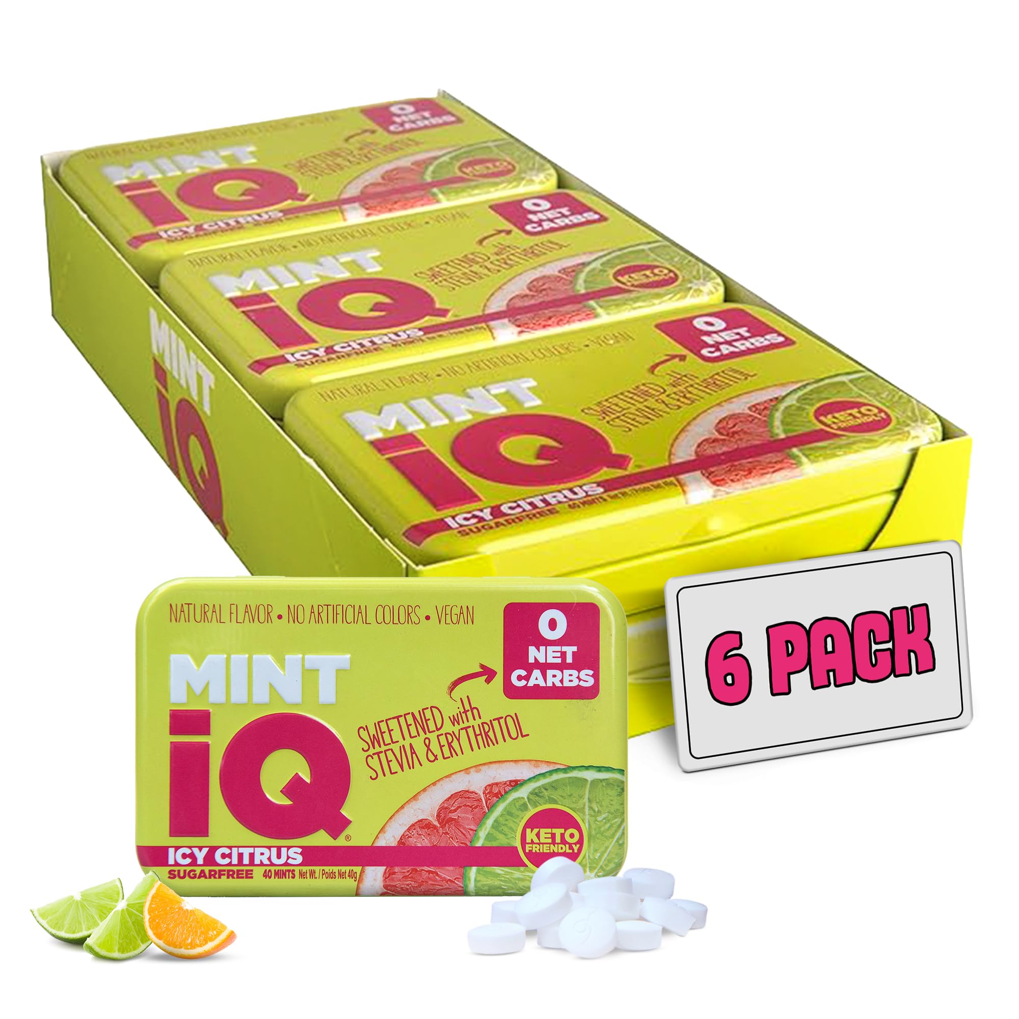 Big Sky MINT iQ Icy Citrus Mint Candy 40 grams Pack of 6 Tins in Display Tray - Travel Size Mint Candies Tin - Keto Friendly, Vegan & Natural Fruity