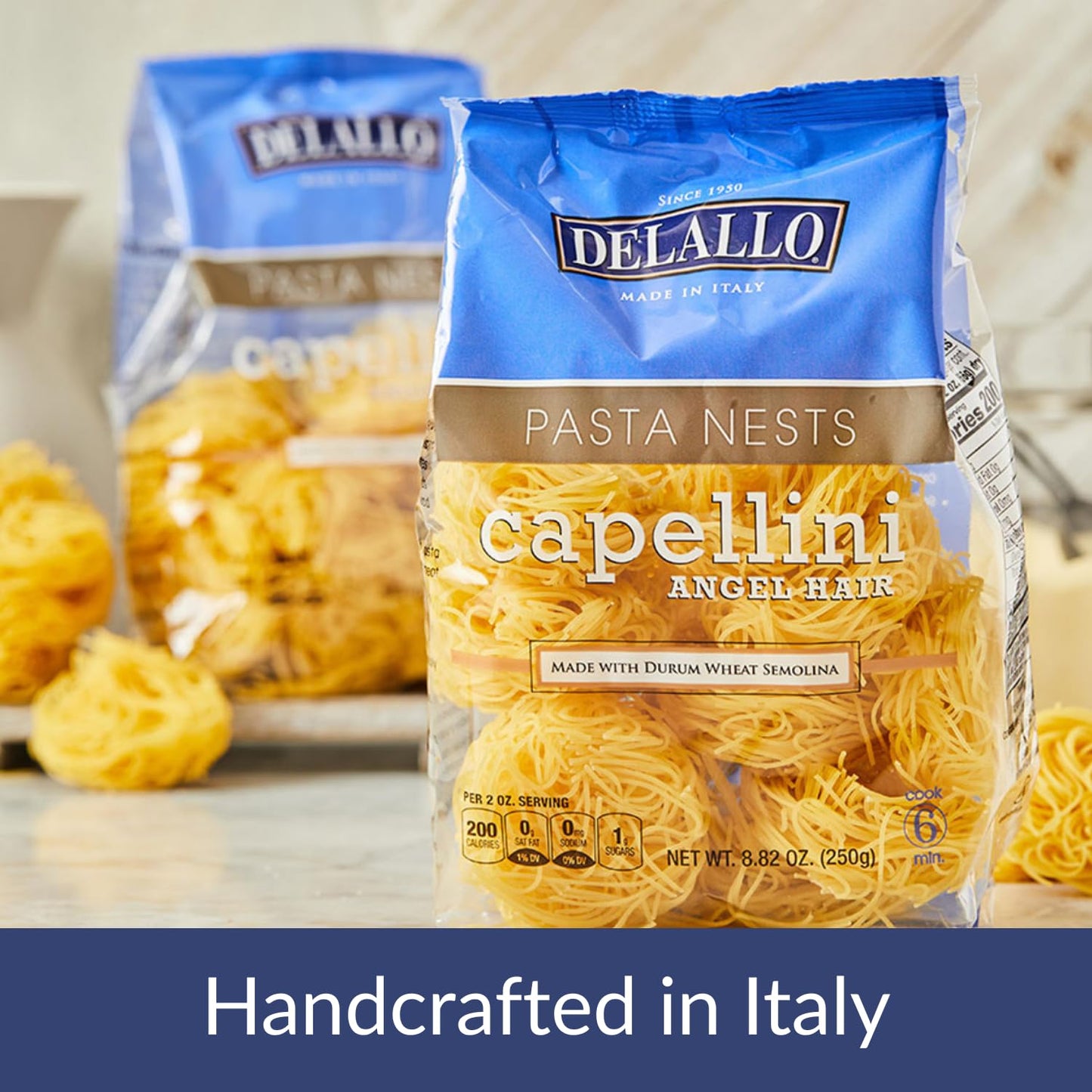 DeLallo Capellini Angel Hair Pasta Nests, Made in Italy, Made with Durum Wheat Semolina Non-Enriched Flour, All Natural, Kosher, Non-GMO, Preservative