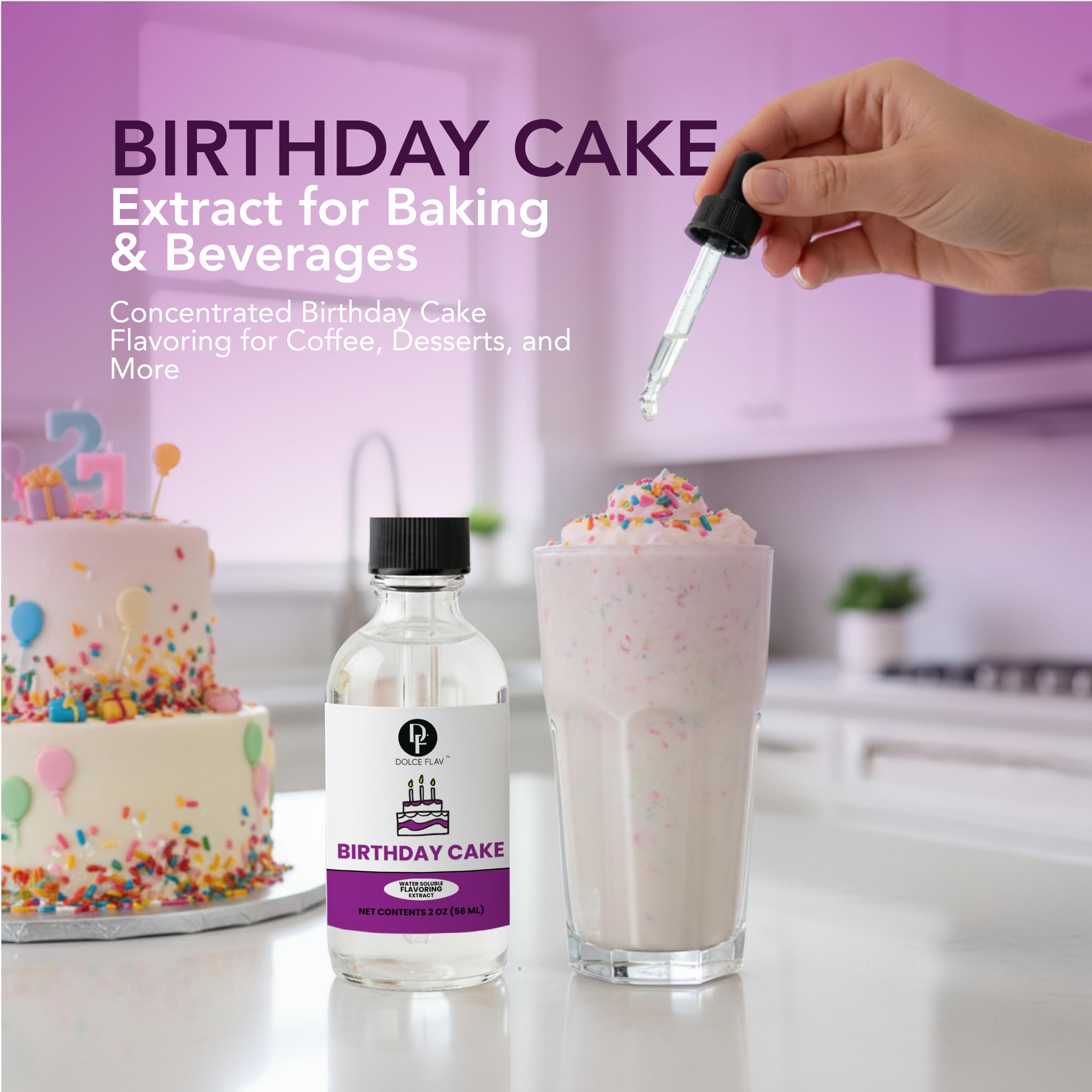 Dolce Flav Birthday Cake Extract - 2 Ounce Water-Soluble Kosher, Sugar-Free, Concentrated Festive Cake Flavoring for Frostings, Cupcakes & Desserts