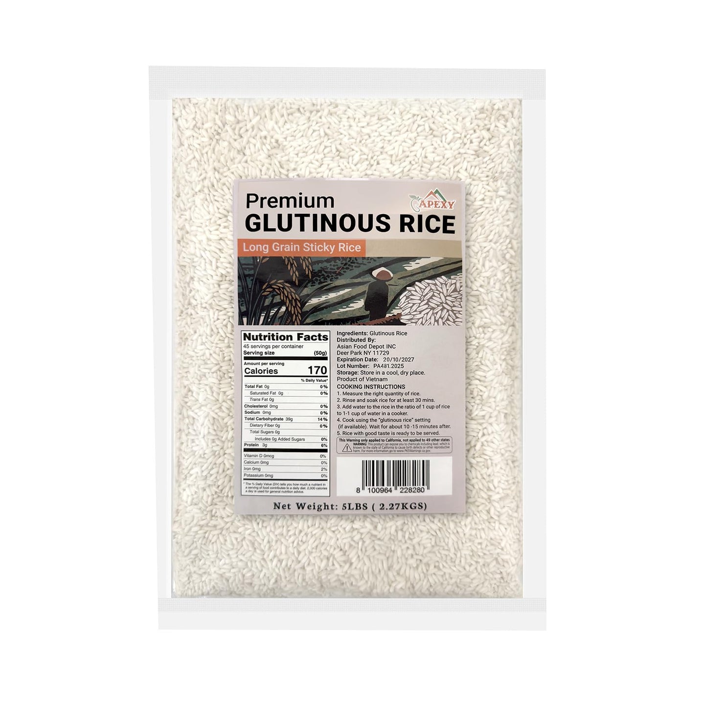 Apexy Premium Long Grain Sweet Rice 5 lb - Glutinous Sticky Rice, Non-GMO | Perfect for Asian Desserts, Sushi, Dumplings & Sticky Rice Dishes | Soft, Chewy Texture