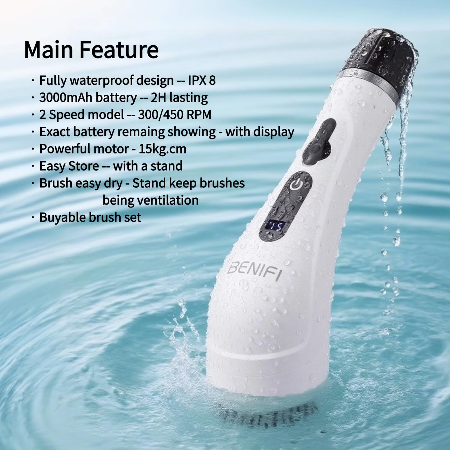 Benifi Electric Spin Scrubber Full-Body IPX7 Waterproof Cordless Bathroom Cleaning Brush with Power LCD Display and 8 Brush Heads