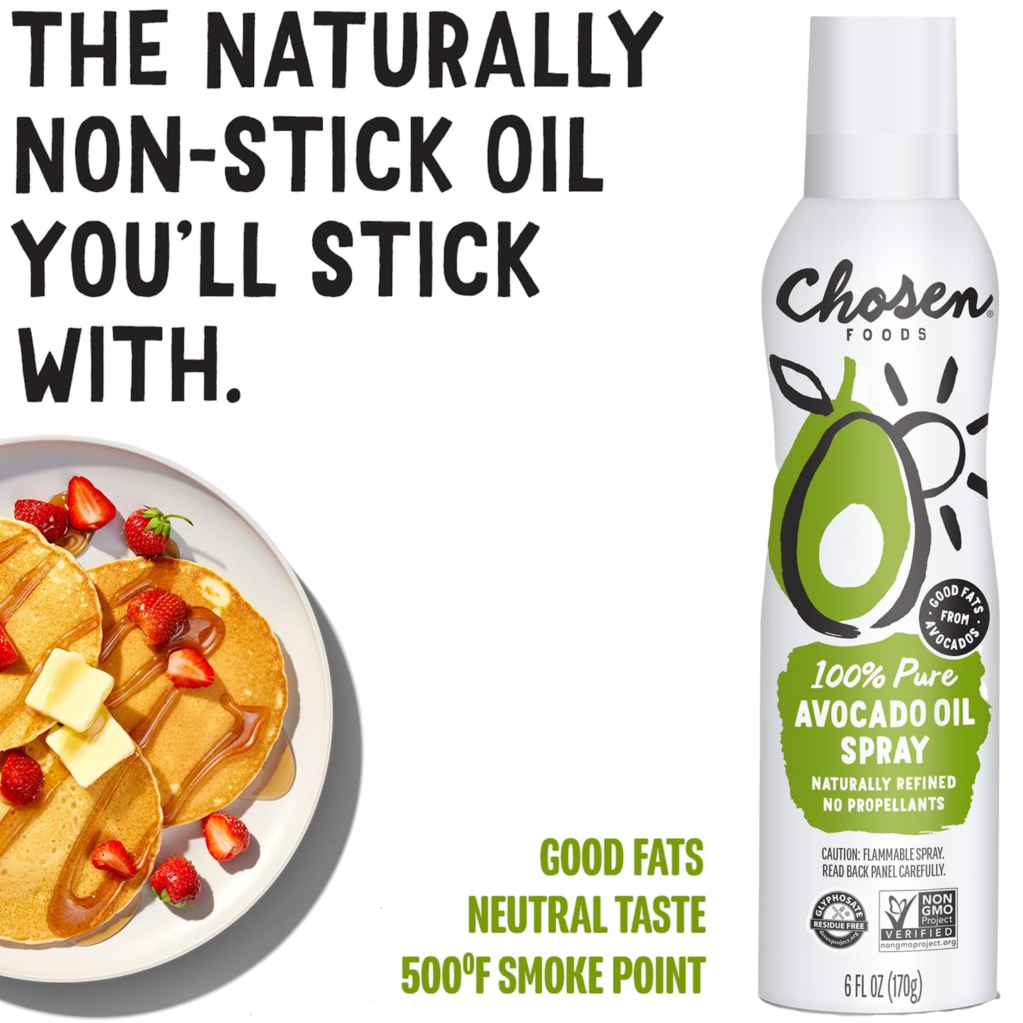 Chosen Foods 100% Pure Avocado Oil Spray, Keto Diet Friendly, Kosher Cooking Spray for Baking, High-Heat Cooking and Frying (6 oz, 2 Pack)