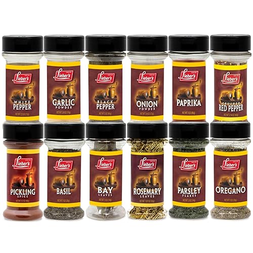 Lieber's Spice Set, Starter Seasoning & Herb 12 Piece Gift Set, Onion & Garlic Powder, Black, White, Crushed Red Pepper, Paprika, Oregano, Basil