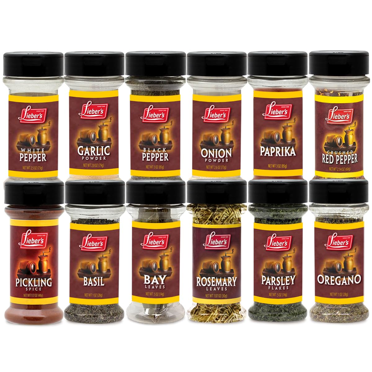 Lieber's Spice Set, Starter Seasoning & Herb 12 Piece Gift Set, Onion & Garlic Powder, Black, White, Crushed Red Pepper, Paprika, Oregano, Basil