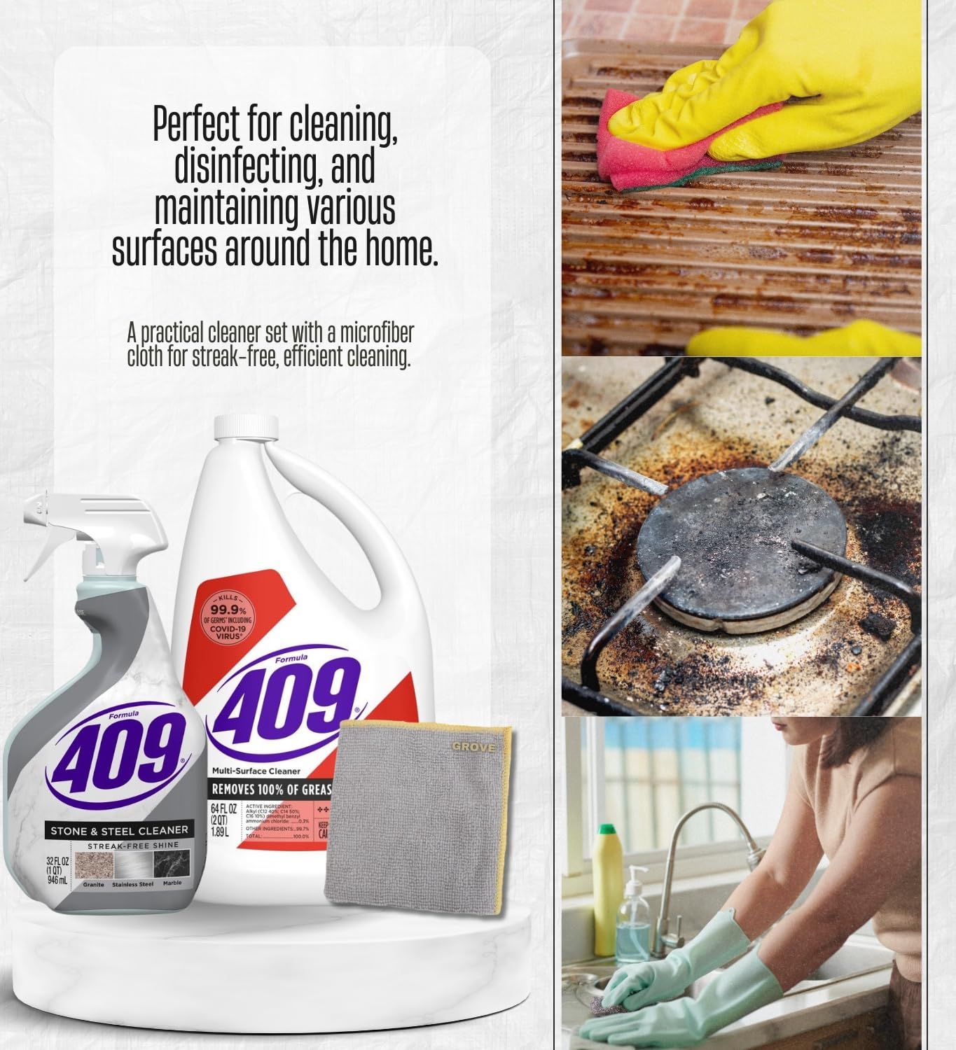 Formula 409 Stone/Steel Cleaner 32 oz Spray and Formula 409 Original Scent Multi-Surface Cleaner Liquid 64 oz Bundle with Microfiber Auto Cleaning