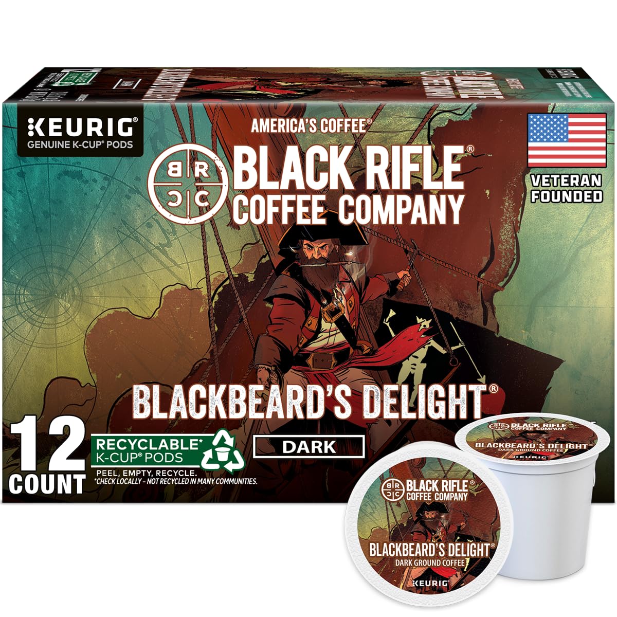 Black Rifle Coffee Company Blackbeard's Delight, Dark Roast Coffee Pods, 12 Single Serve Coffee Pods