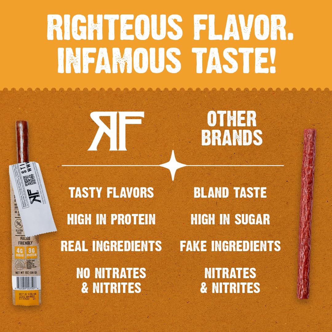 Righteous Felon Meat Sticks | 100% Pasture Raised Pork | 8g Protein per Stick | Keto, Gluten-Free, Low Sugar, High Protein Snack Sticks | Individually