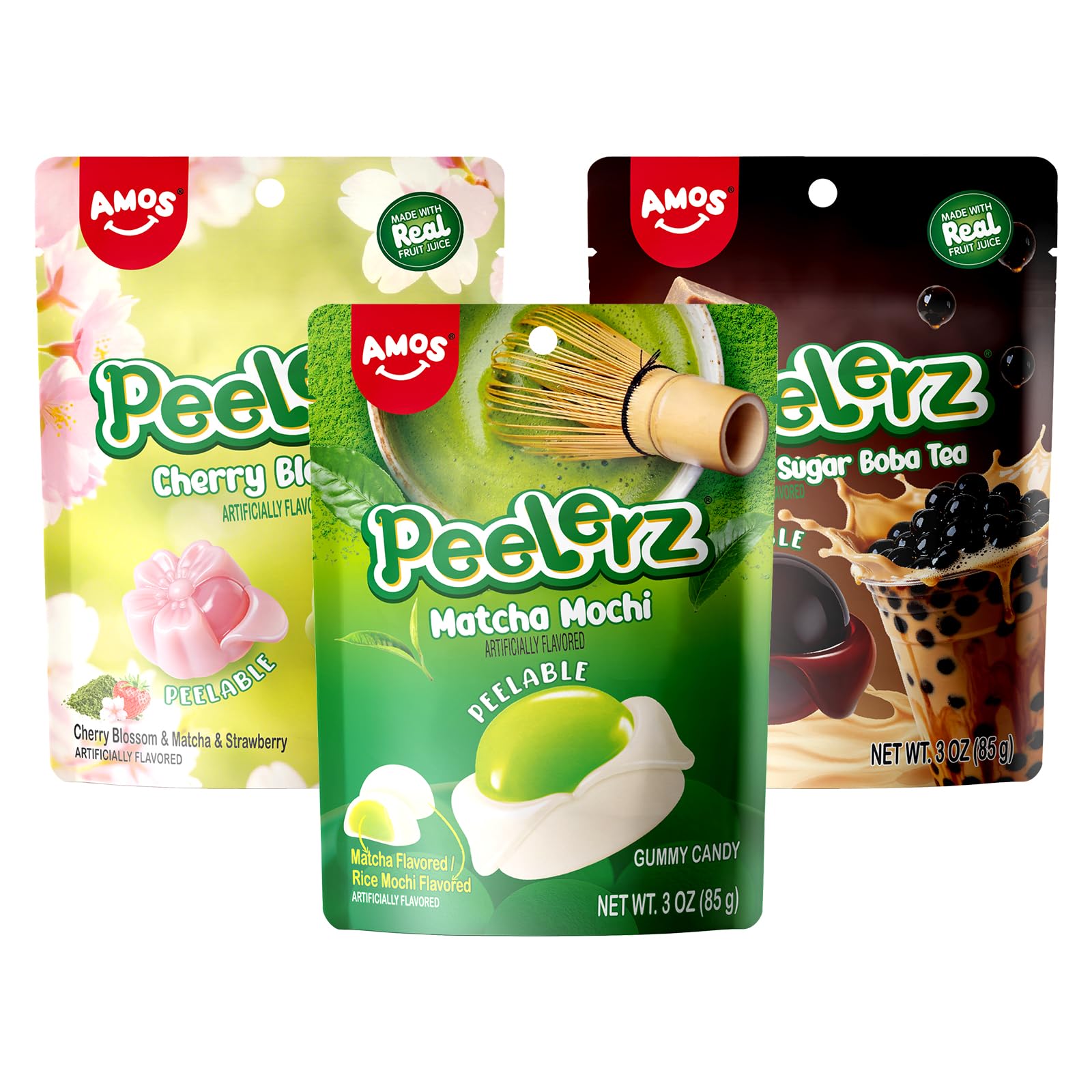 AMOS Peelerz Peelable Gummy Candy Bundle, Boba Tea & Matcha & Cherry Blossom Flavors, Fruit Gummy Variety Pack,3 Pack