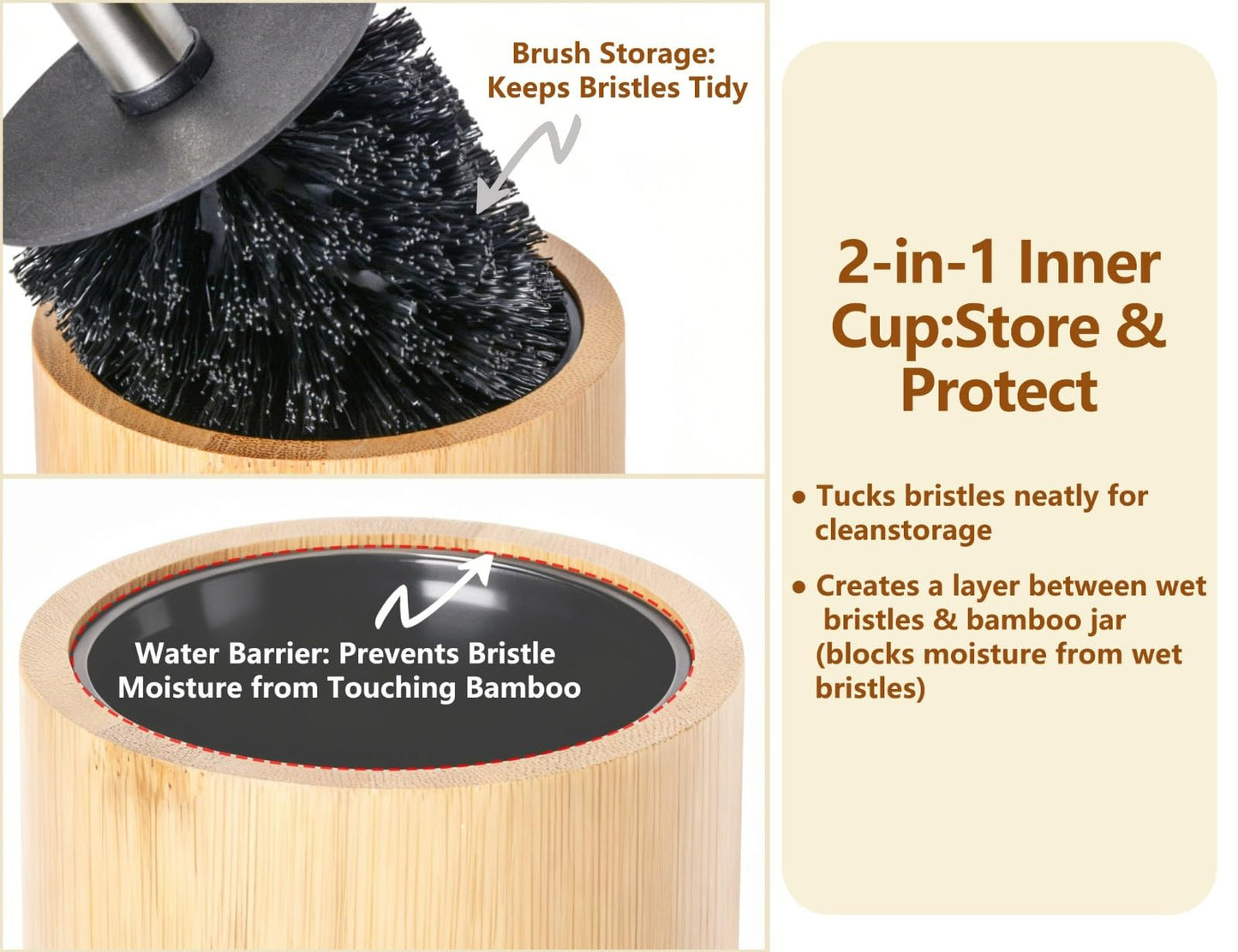 Round Bamboo Toilet Brush, Stainless Steel Long Handle, Freestanding Bathroom Cleaning Brush for Toilet Bowl