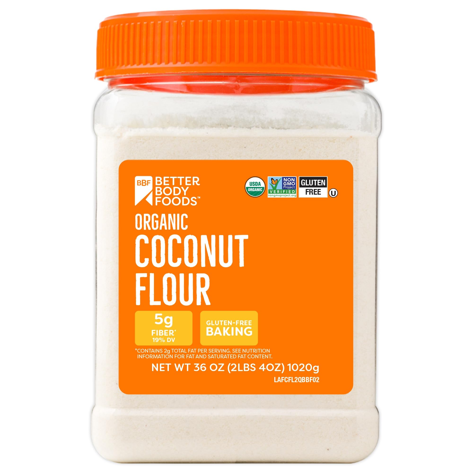 BetterBody Foods Organic Coconut Flour 2 Pound Jar, Gluten-Free White Flour Alternative with a Slight Coconut Taste and Aroma, 23% Dietary Fiber per