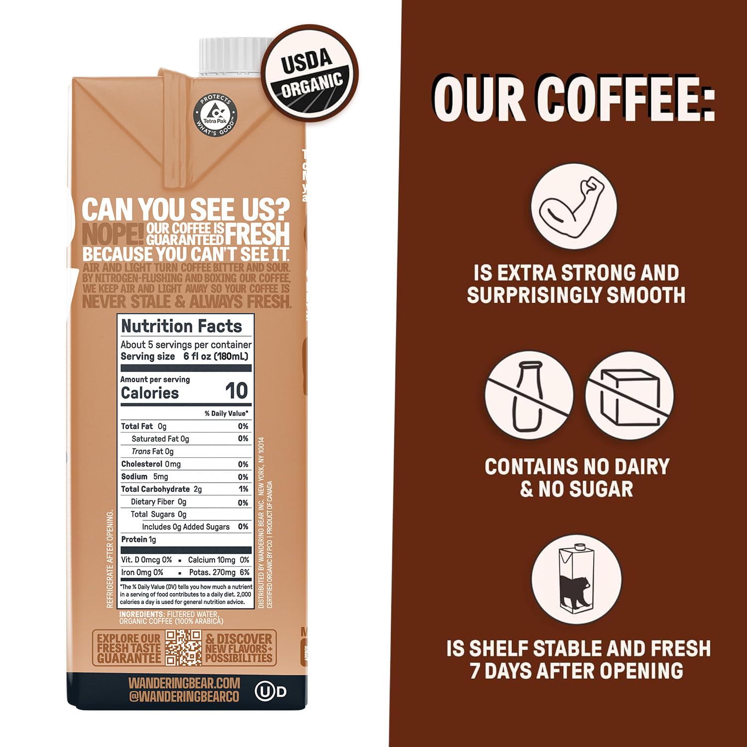 Wandering Bear Straight Black Organic Cold Brew Coffee - Extra Strong, Bold, Smooth, Unsweetened, Shelf-Stable, Ready to Drink & Vegan, 100% Organic