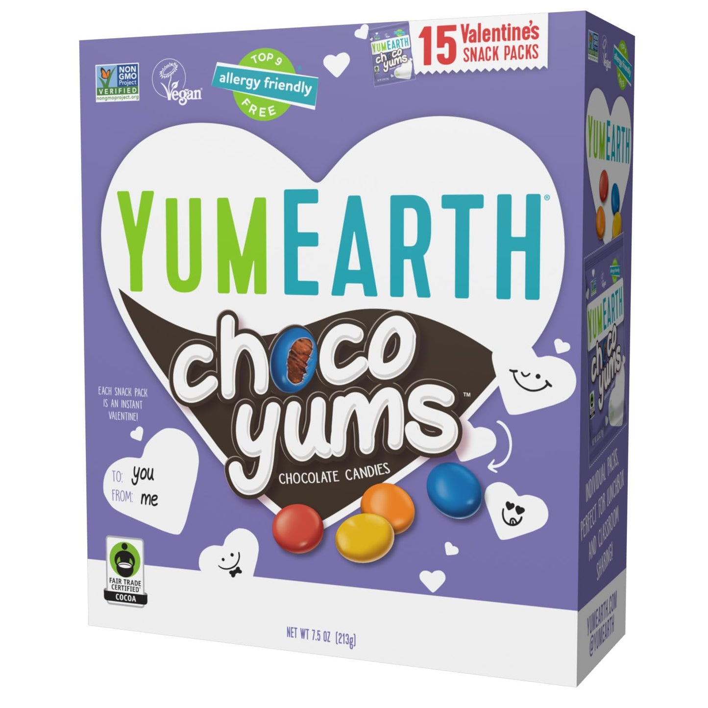 YumEarth Valentine's Choco Yums, 15 Individually Wrapped Snack Packs, Allergy Friendly, Gluten Free, Non-GMO, Vegan, No Artificial Dyes (7.5 Ounce