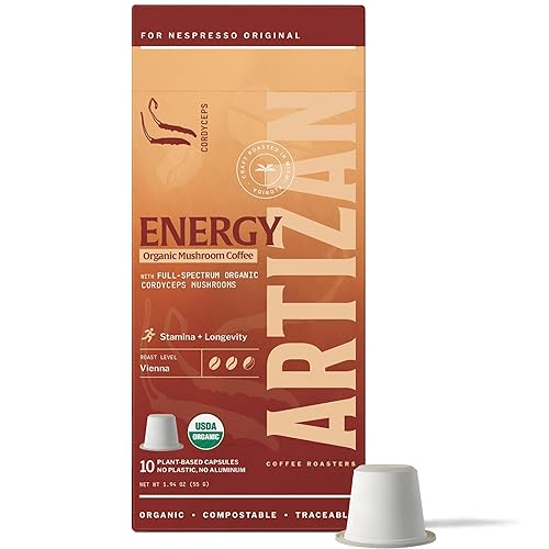 Artizan Organic Cordyceps Mushroom Coffee Pods for Nespresso Original Line | Steady Energy + Stamina | 10 Compostable Espresso Capsules