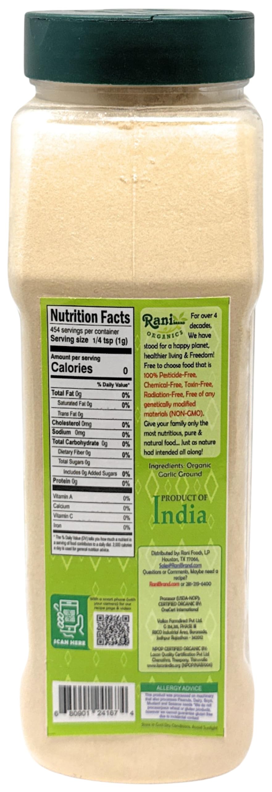 Rani Organic Ground Garlic (Lahsun Powder) 16oz (1lb) 454g PET Jar ~ All Natural | Gluten Friendly | Vegan | NON-GMO | Kosher | No Salt or fillers |