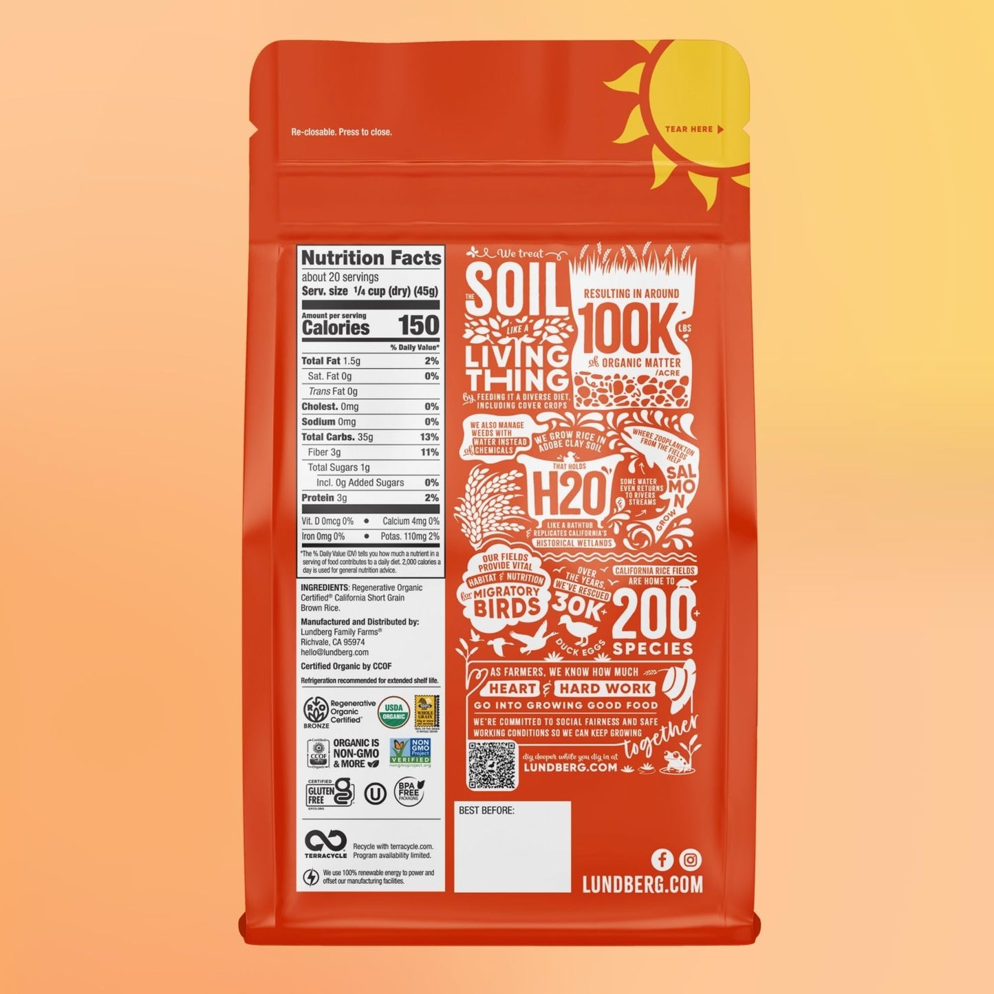 Lundberg Short Grain Brown Rice, Regenerative Organic Certified - Slightly Nutty, Sticky Rice Responsibly Grown in California, 32 Oz