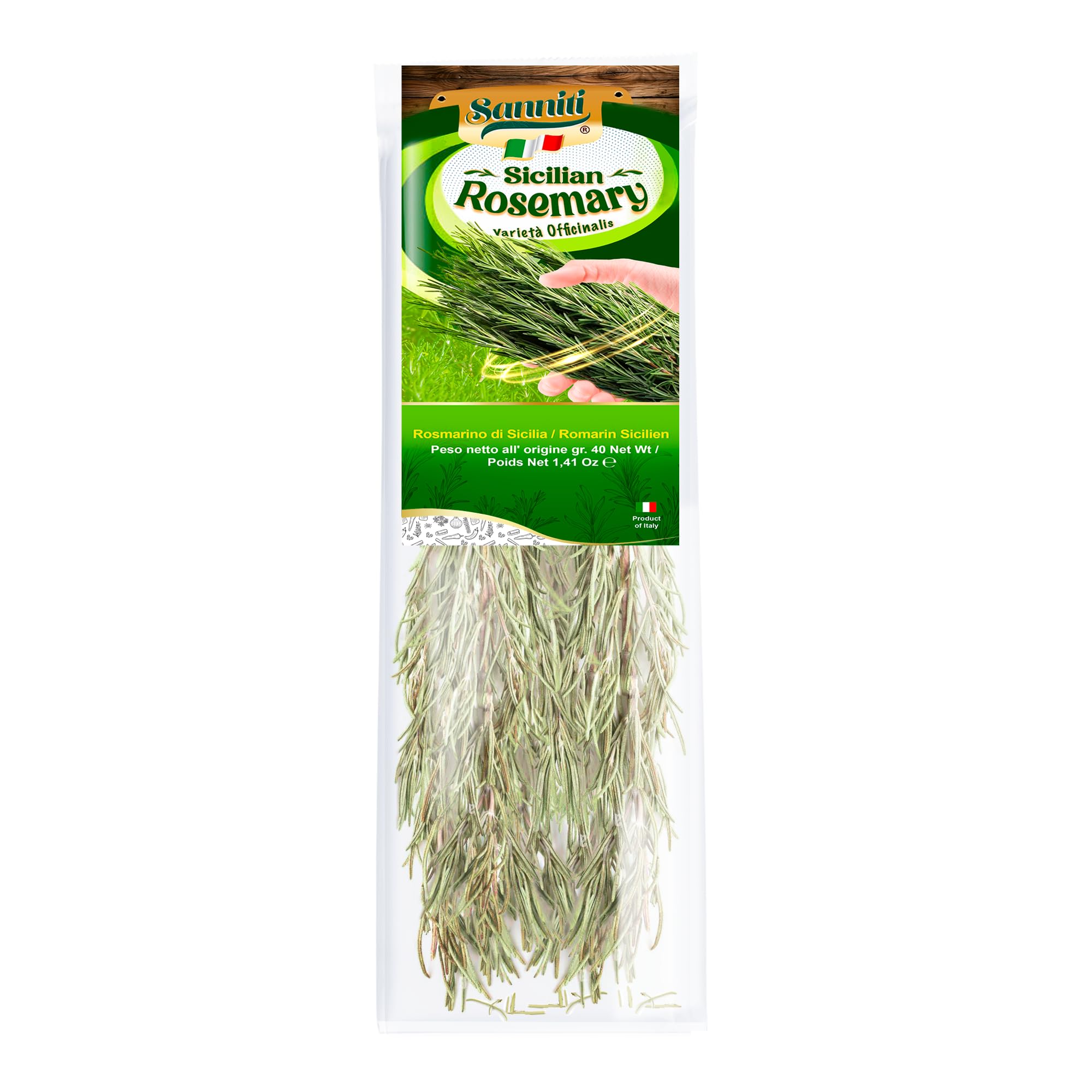 Sanniti Sicilian Herbs and Spices in Bag | Seasonings for Meats, Fish, Poultry, Sauces, Pizza, and Soups | Product of Italy (40 Grams, Rosemary)